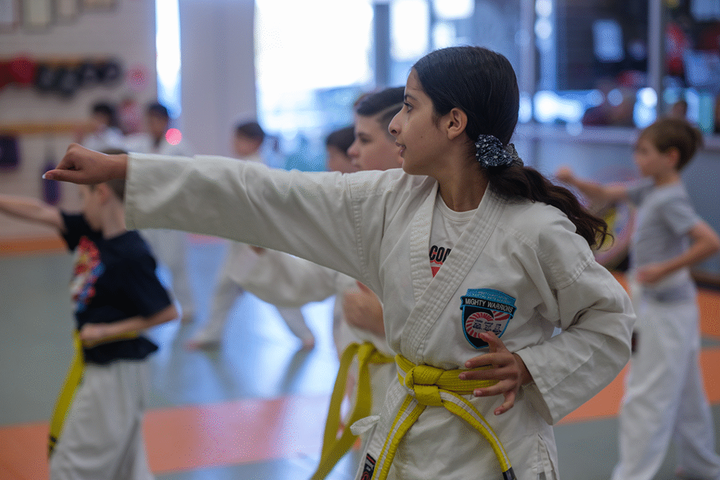 Children practising martial arts techniques together.