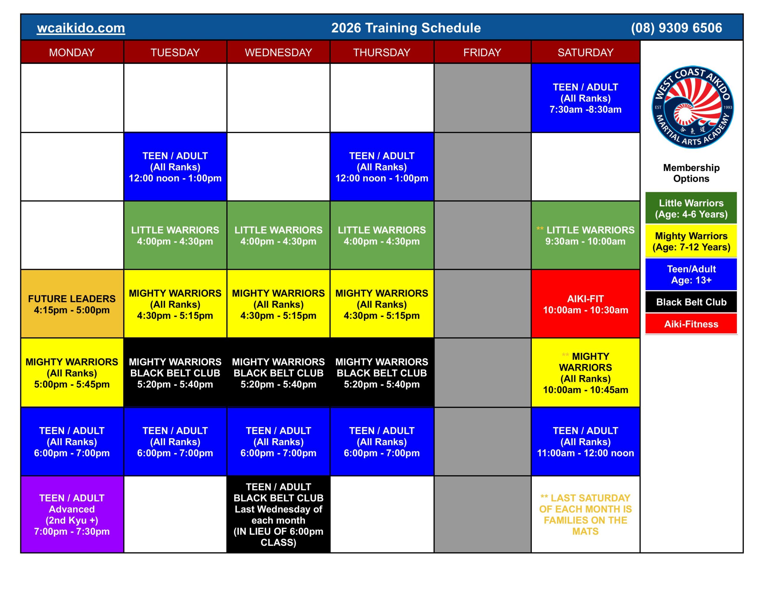 Weekly training schedule for West Coast Aikido Martial Arts Training classes and times.
