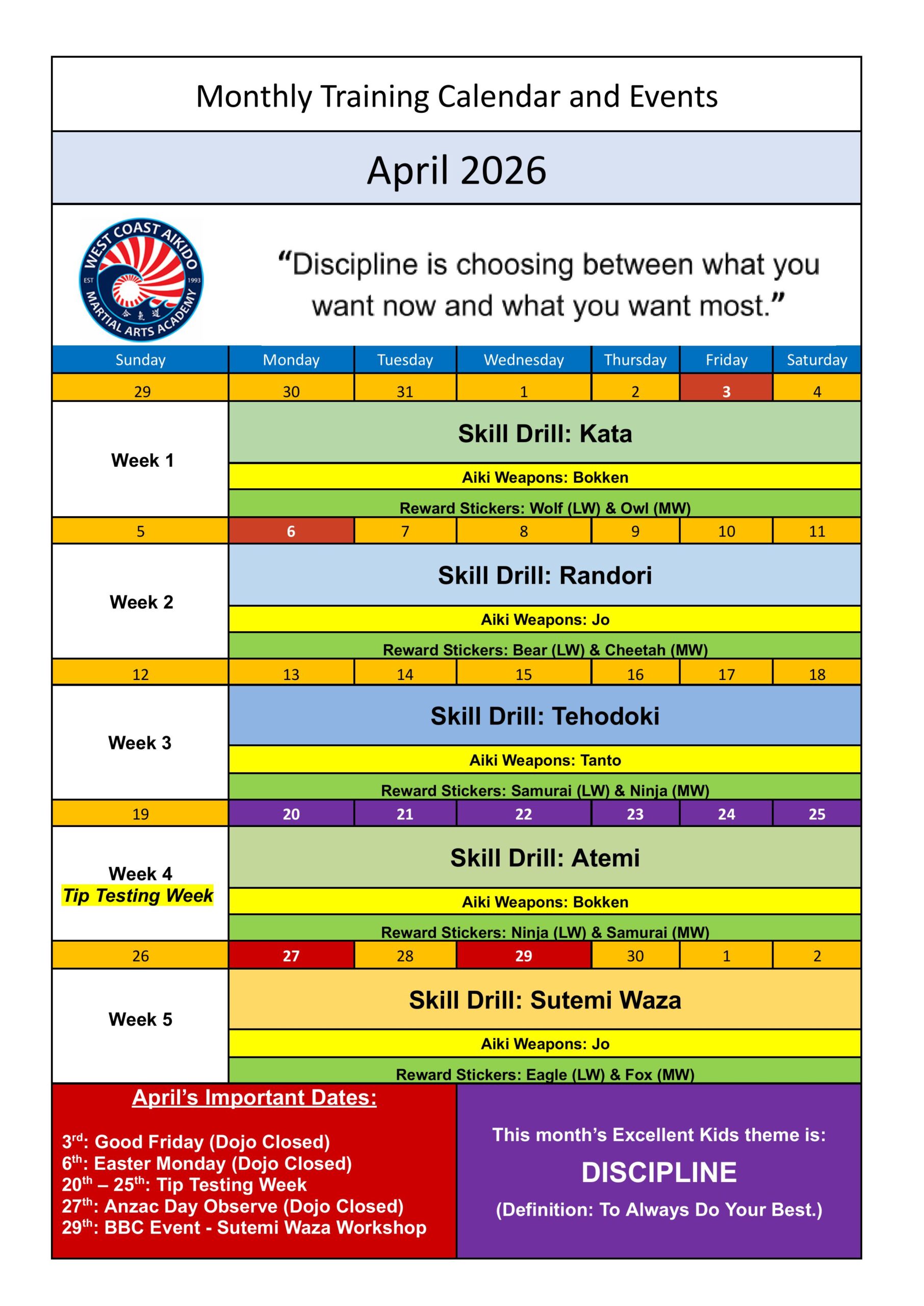 West Coast Aikido Martial Arts Academy Training & Events schedule for April 2026